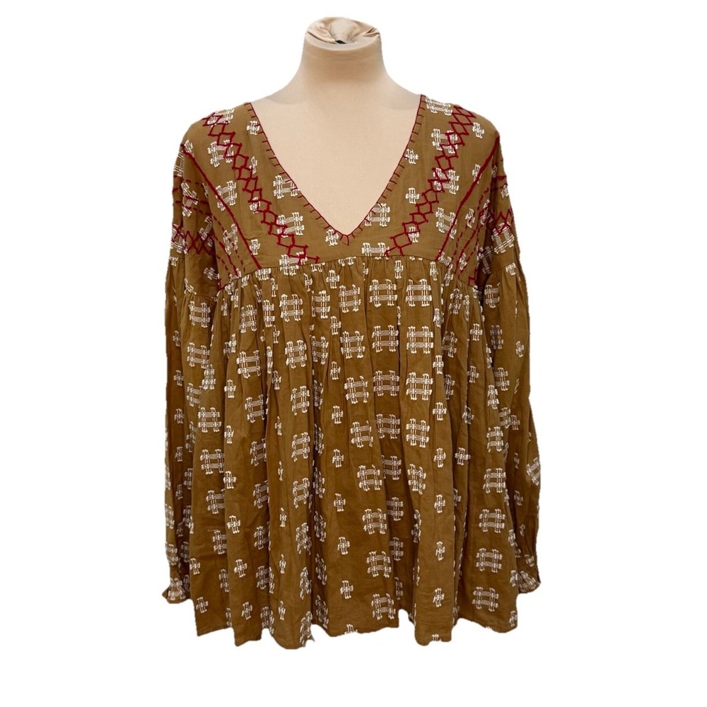 Oh My Stars Ellie Mae Boho Embroidered Peasant Top M Rust Earthy Brown Western